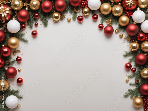 Fototapeta Christmas border composition with red, white and gold ornaments framing empty space