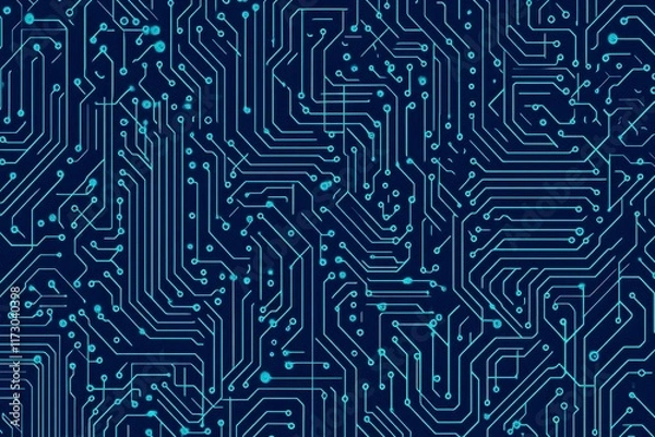 Fototapeta Abstract close-up of a glowing blue digital circuit board, showcasing intricate connections and technological design on a black background.
