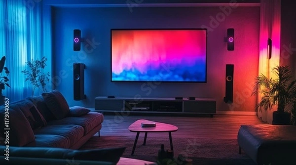 Fototapeta A modern home theater setup in a living room with RGB LED lighting, a large screen, and sleek furniture for an elevated movie-watching experience.