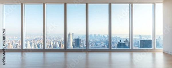 Fototapeta Modern office space with panoramic city view through large windows and bright natural light.