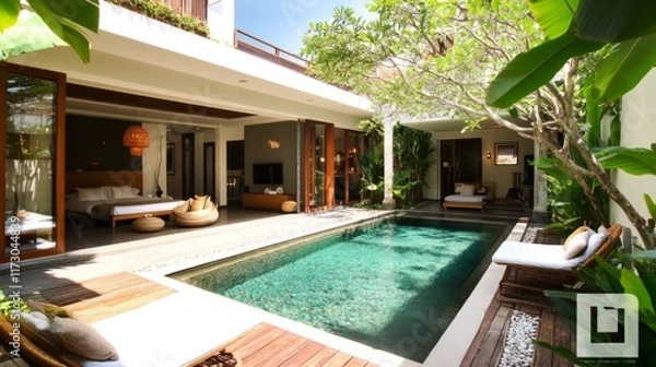 Fototapeta Bright and modern villa interior with elegant decor, a poolside view, and lush greenery creating a serene atmosphere