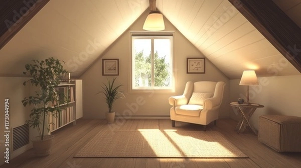 Fototapeta Bright attic living space with an armchair in the corner, framed by sloped ceilings and soft lighting for a serene ambiance