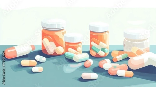 Fototapeta illustration of different pills and bottles for pharmaceutical and healthcare medication and drug research labs concepts with copy space