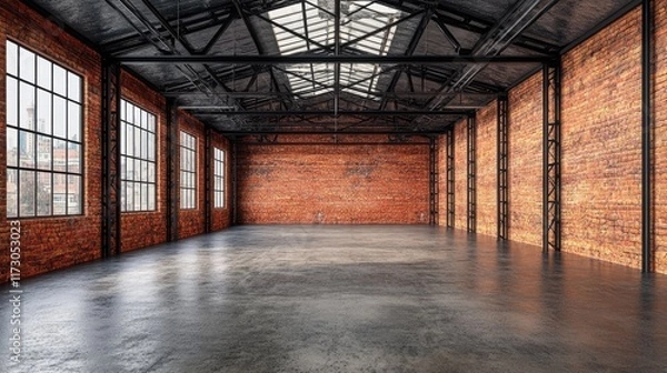 Obraz Industrial loft style empty old warehouse interior,brick wall,concrete floor and black steel roof structure