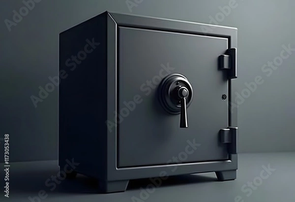 Fototapeta 3d rendering of a heavy-duty metal safe with a combination lock and keyhole. The safe is secured with large hinges and a sturdy handle.
