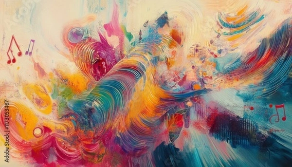 Fototapeta Chromatic Harmony, A Symphony of Colors and Movement, Expressing the Vibrant Energy of Abstract Musicality with Flowing Lines and Rhythmic Notations