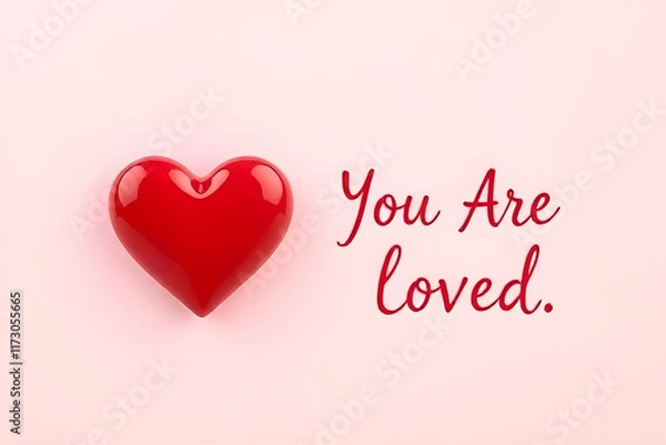 Fototapeta A minimalist Valentine’s Day card design with a red heart, soft pastel background, and handwritten typography saying 'You Are Loved'.