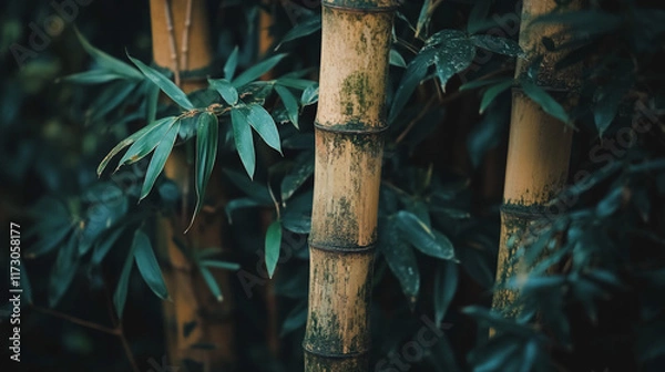 Fototapeta Close-up of bamboo stalks and leaves in a lush forest.