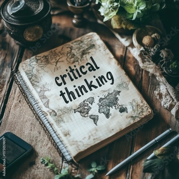 Fototapeta Critical Thinking Notebook Flat Lay Rustic Wooden Table Educational Content Cozy Atmosphere Top-Down View Learning Concept