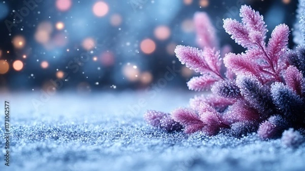 Obraz Frosty winter scene with pink and blue foliage in snow.