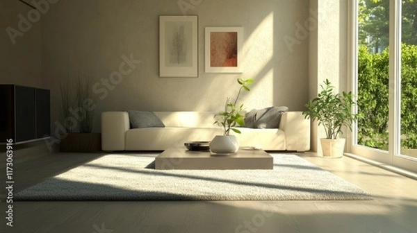 Fototapeta Minimalist living room with contemporary furniture, a soft area rug, and carefully curated decor for a sleek yet cozy space