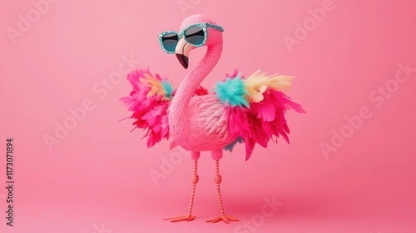 Fototapeta Cool flamingo wearing sunglasses and colorful feathers on pink background.