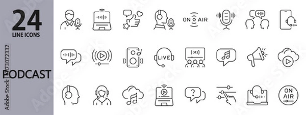 Fototapeta Podcast line icons set with Audio, Microphone, Live, Streaming, Voice, Podcaster, Broadcasting, Sound and more. Editable Stroke