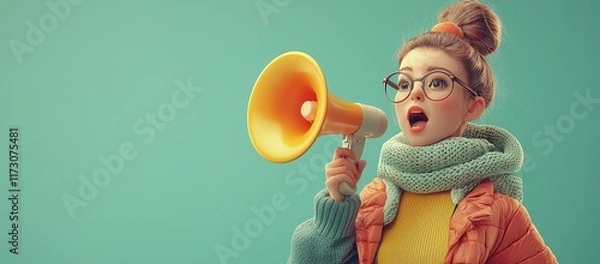 Obraz Animated Girl with Megaphone Making Announcement Digital Illustration Cartoon Style