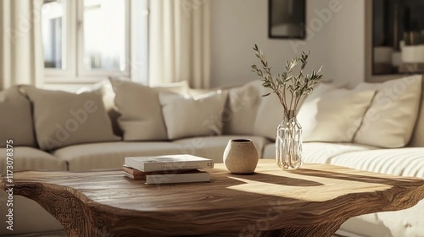 Fototapeta Warm and inviting living room with a rustic wooden coffee table, surrounded by neutral furniture, ideal for a product display setup
