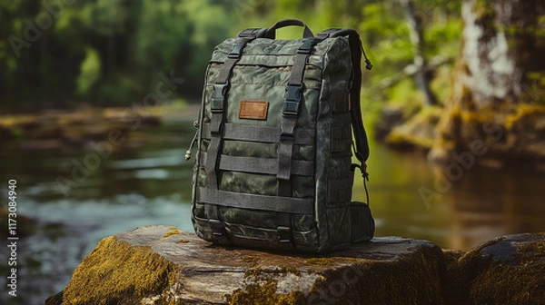 Fototapeta Hiking backpack on a ground during trek in a wild nature. Camping and trekking equipment.
