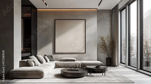 Obraz Sleek living room with large black frame poster on a light grey wall, minimalist metal furniture, and large windows 