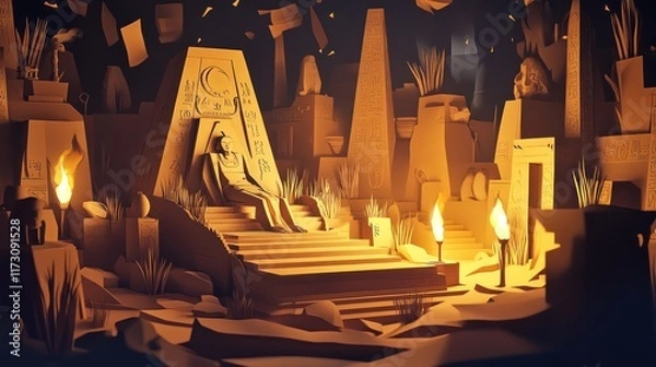 Fototapeta Mummy's Tomb: An ancient tomb with a mummy emerging from its sarcophagus, surrounded by hieroglyphics and torches. paper cut Art Style 3d background