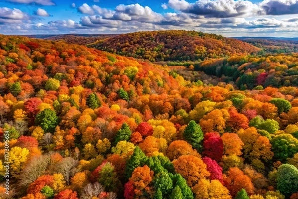 Fototapeta Aerial View of Colorful Autumn Foliage in Western Pennsylvania State Park