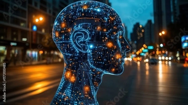 Fototapeta A digital human silhouette with glowing circuitry against an urban backdrop.