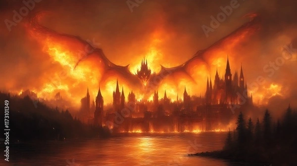 Obraz Fiery dragon attacks gothic castle.