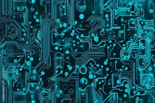 Fototapeta Abstract close-up of a glowing blue digital circuit board, showcasing intricate connections and technological design on a black background.
