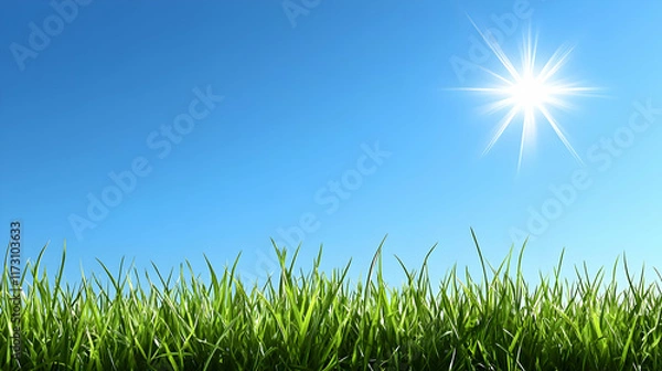 Fototapeta A vibrant green grass field under a clear blue sky with a bright sun shining.