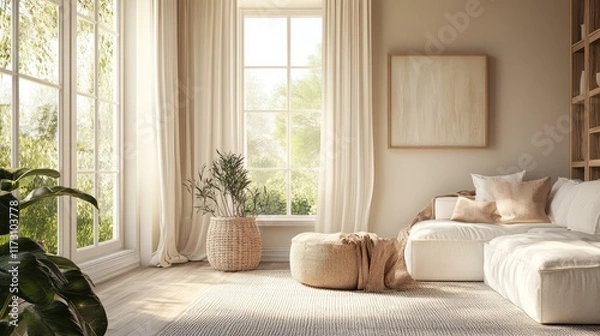 Fototapeta Interior of a beige living room decorated in a Scandinavian farmhouse style with natural wood furnishings. Wall background mockup. illustration.