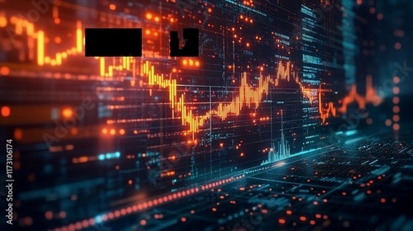 Fototapeta A digital stock market chart with a laptop keyboard in the foreground, showing a fluctuating line graph.