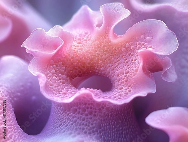 Fototapeta Abstract pink organic form with textured surface and central hole.