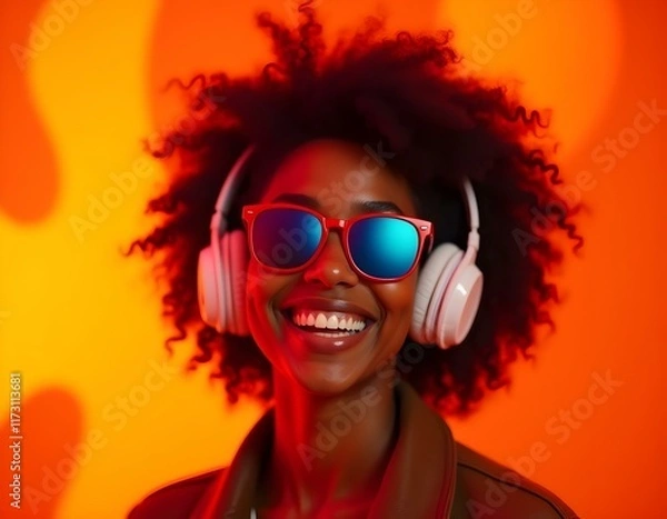 Fototapeta Joyful Portrait of an African American Woman with Curly Hair, Vibrant Accessories, and Retro 80s Neon Aesthetic