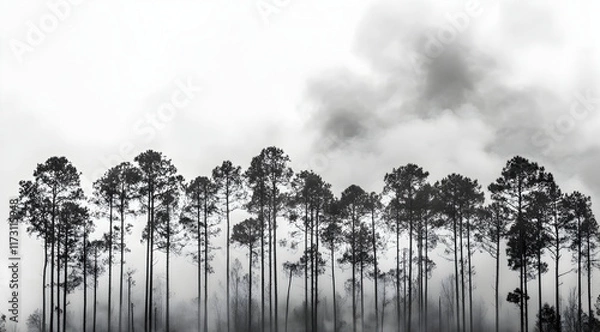 Fototapeta A misty forest scene with tall trees silhouetted against a cloudy, pale sky, creating a serene and atmospheric landscape.