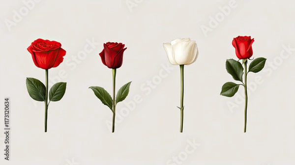 Fototapeta Romantic roses collection four beautiful varieties floral art display soft background elegant arrangement