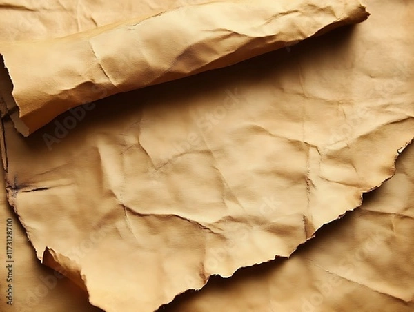 Fototapeta Aged, crumpled parchment paper scroll.