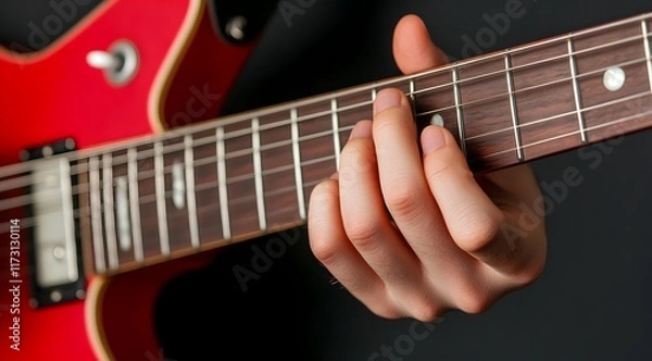 Fototapeta A hand playing chords on a red electric guitar, showcasing musical skill and creativity against a dark background.
