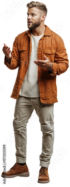 Fototapeta A young man wearing red jacket and grey jeans talking to somebody while doing hand gesture. isolated over transparent background, PNG cut-out	