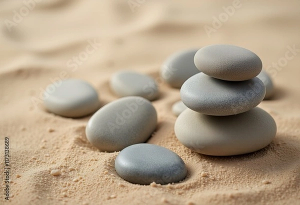 Fototapeta Smooth pebbles on sandy textured surface.