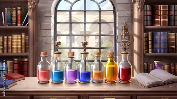 Fototapeta Colorful potion bottles on a wooden shelf with books and a window view, enchanting artistry
