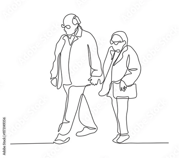 Fototapeta Elderly Couple Walking Hand in Hand Continuous Line Art Illustration. Senior man and woman walking together holding hands. Minimalist black linear sketch isolated on white background. Vector.