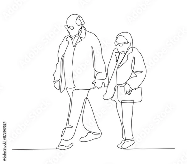 Fototapeta Elderly Couple Walking Hand in Hand Continuous Line Art Illustration. Senior man and woman walking together holding hands. Minimalist black linear sketch isolated on white background. Vector.