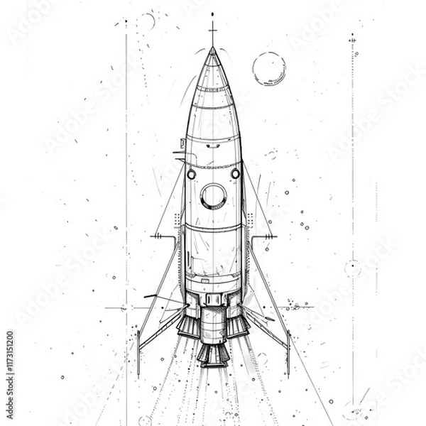 Fototapeta Outline of a rocket ship in space on a white background