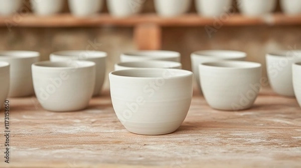Fototapeta Rows of unpainted ceramic cups on a wooden table in a pottery workshop.