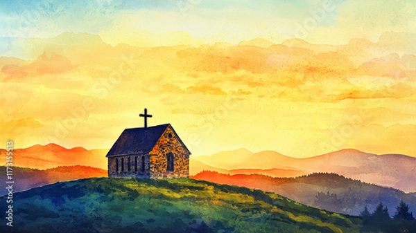 Fototapeta A serene watercolor of an old stone church on a hill at sunset, with a cross silhouetted against the sky and rolling hills in the distance, evoking peace and spiritual reflection.