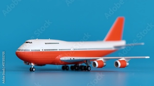 Fototapeta Orange and white airplane model on blue background.