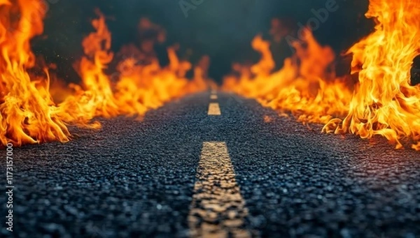 Fototapeta A Horizontal Road with Flames on the Left Side and a Dark Background