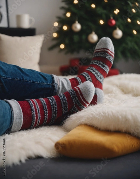 Fototapeta Cozy winter scene with feet in striped socks on fluffy blanket near Christmas tree