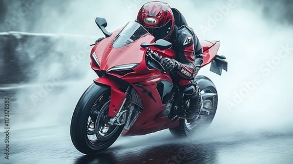 Obraz Red superbike rider in rain.