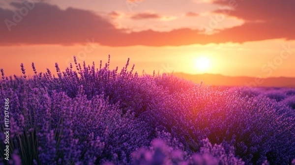 Fototapeta Vibrant sunset over a vast lavender field.