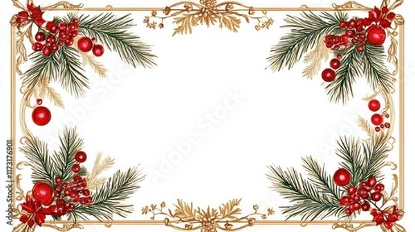 Obraz A festive border featuring pine branches and red berries.