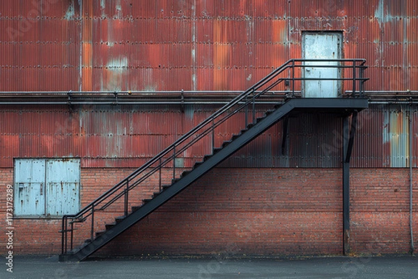 Obraz Black metal stairs on rusty red industrial building with brick wall